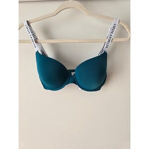 Victorias Secret T-Shirt Push-Up Bra Teal‎ Blue Logo Straps 32D Full Coverage